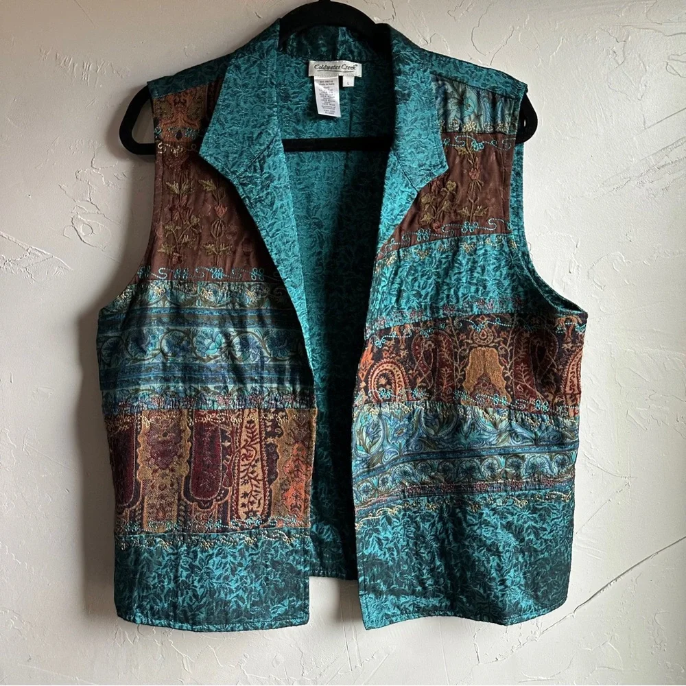Vintage Coldwater Creek Tapestry Vest Bohemian Boho Artsy Chic Paisley Sz L Silk